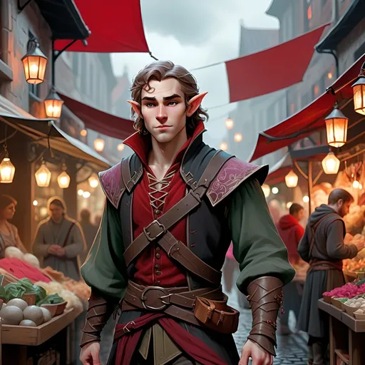 Prompt: (DND universe illustration), Lyrian 'Soulstrung' Silverstring, (half-elf male bard), walking through a gloomy city market, surrounded by a myriad of faceless people, (ethereal and artistic appearance), intricate clothing with strings of red, black, silver, and rose gold colors, soft ambient light filtering through, noticeably bright amidst dim surroundings, (4K, ultra-detailed), melancholic but enchanting atmosphere, stalls brimming with intriguing wares, cobblestone streets under a cloud-covered sky.