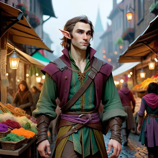 Prompt: (DND universe illustration), Lyrian 'Soulstrung' Silverstring, (half-elf male bard), walking through a gloomy city market, surrounded by a myriad of faceless people, (ethereal and artistic appearance), intricate clothing with strings of vibrant colors, soft ambient light filtering through, noticeably bright amidst dim surroundings, (4K, ultra-detailed), melancholic but enchanting atmosphere, stalls brimming with intriguing wares, cobblestone streets under a cloud-covered sky.