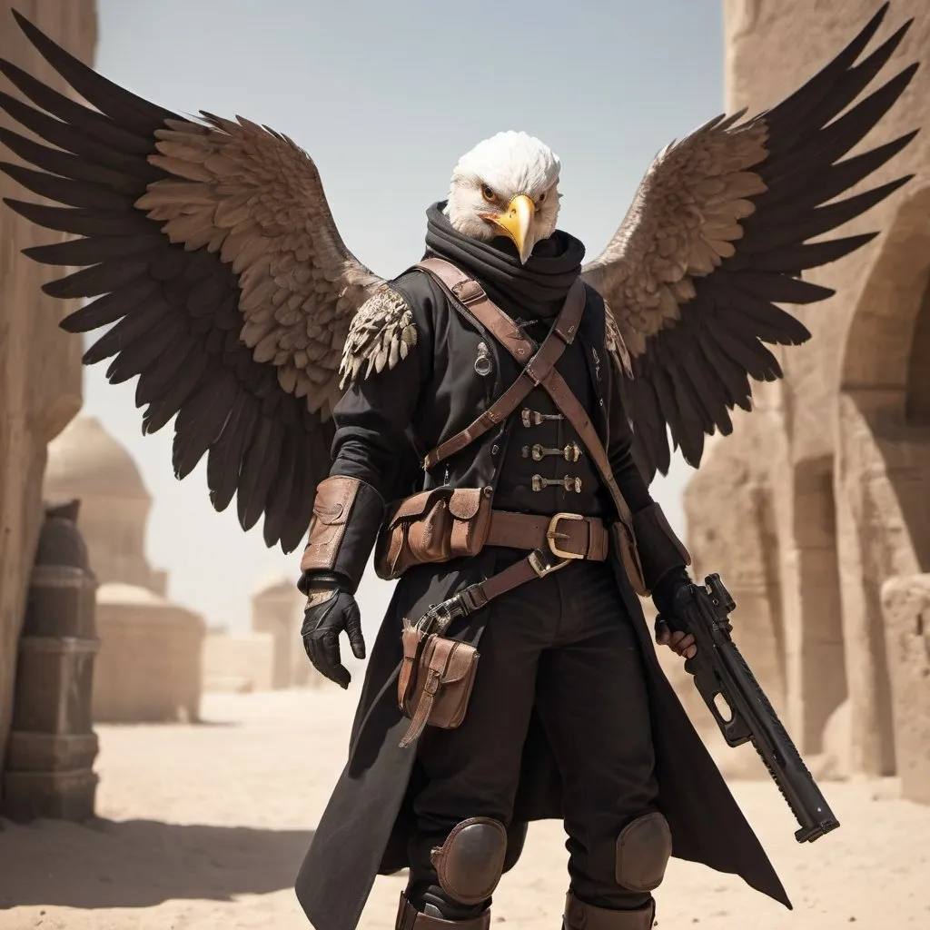 Prompt: Intimidating aarakocra undercover agent, steampunk fantasy, UAE/Dubai modelled, surreal landscape, high-quality, RPG fantasy game style, hawk head, antimaterial rifle on back, pistol in holster, grenades, rapier in scabbard, immersive world, detailed feathers, futuristic technology, dynamic pose, atmospheric lighting, military bearing, military discipline, Fantasy, dungeons and dragons, wings on back, angel-like 