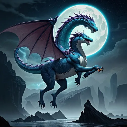 Prompt: The dragon possesses a wolf-like body, an orca's tail and fins on its legs, hands resembling a man's, a mane of deep red phoenix plumes, and eyes resembling the galaxy.Its scales shimmer with hues of azure and emerald, catching the light like precious gems scattered across an endless expanse. Each movement is a graceful dance, a confluence of ferocity and elegance, as the creature glides through the air with a rhythm that could entice the stars themselves to join in its ballet.
The fur along its spine crackles with an ethereal energy, pulsating softly as if it harbors the magic of the cosmos within. When the dragon roars, the sound reverberates like thunder across the plains, both a call to the heavens and a warning to those who would dare intrude upon its territory. Mist swirls around its feet, conjured from the breath of ancient mountains, a testament to the abode it commands with regal authority.
It perches atop jagged cliffs, surveying its domain with a gaze that seems to pierce through time and space, contemplating the secrets of the universe. As dusk falls, the brilliant colors of its mane flare against the dimming sky, transforming it into a living torch that lights the paths of lost travelers. In the waning light, its fins catch the last vestiges of the sun, rippling like waves across its form, echoing the grace of the ocean's depths.
Legends whisper of its guardianship over hidden treasures and forgotten realms, where even the bravest adventurers tread lightly, lest they incur the wrath of this magnificent beast. For within the depths of its galaxy-like eyes lies both the wisdom of ages and the fury of a tempest, ready to defend its legacy against any threat that dare arise.