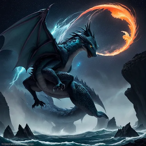 Prompt: The dragon possesses a wolf-like body, an orca's tail and fins on its legs, hands resembling a man's, a mane of deep red phoenix plumes, and eyes resembling the galaxy.Its scales shimmer with hues of azure and emerald, catching the light like precious gems scattered across an endless expanse. Each movement is a graceful dance, a confluence of ferocity and elegance, as the creature glides through the air with a rhythm that could entice the stars themselves to join in its ballet.
The fur along its spine crackles with an ethereal energy, pulsating softly as if it harbors the magic of the cosmos within. When the dragon roars, the sound reverberates like thunder across the plains, both a call to the heavens and a warning to those who would dare intrude upon its territory. Mist swirls around its feet, conjured from the breath of ancient mountains, a testament to the abode it commands with regal authority.
It perches atop jagged cliffs, surveying its domain with a gaze that seems to pierce through time and space, contemplating the secrets of the universe. As dusk falls, the brilliant colors of its mane flare against the dimming sky, transforming it into a living torch that lights the paths of lost travelers. In the waning light, its fins catch the last vestiges of the sun, rippling like waves across its form, echoing the grace of the ocean's depths.
Legends whisper of its guardianship over hidden treasures and forgotten realms, where even the bravest adventurers tread lightly, lest they incur the wrath of this magnificent beast. For within the depths of its galaxy-like eyes lies both the wisdom of ages and the fury of a tempest, ready to defend its legacy against any threat that dare arise.