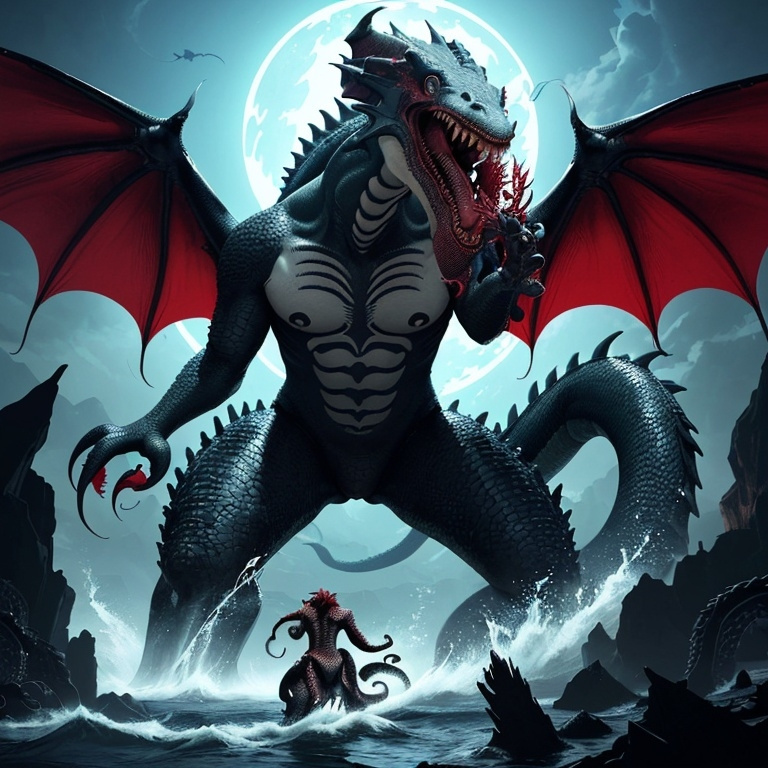 Prompt: i want the dragon win the battle to death where the kraken have half is body severed : featuring a dragon with the traits of a wolf's body, the tail of an orca, fins of an orca on the legs, the palm of a mancho, a mane made of the plumes of a deep red phoenix, and irises that look like the galaxy, against the gargantuan kraken with traits of a dragon and other deepwater creatures. and the end of the battle must be in the deepwater and i want the dragon to have real deep wound on his whole body the same goes for the kraken