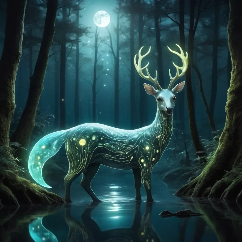 Prompt: une magnifique et mignonne creature mythic ancestral de fusion de several type of animaux, dans une forest aquatic luminous, éclairé par le reflet de la lune with a northen light shimmering within the trefond of the ocean