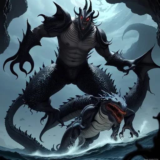 Prompt: i want the dragon win the battle to death where the kraken have half is body severed : featuring a dragon with the traits of a wolf's body, the tail of an orca, fins of an orca on the legs, the palm of a mancho, a mane made of the plumes of a deep red phoenix, and irises that look like the galaxy, against the gargantuan kraken with traits of a dragon and other deepwater creatures. and the end of the battle must be in the deepwater and i want the dragon to have real deep wound on his whole body the same goes for the kraken
