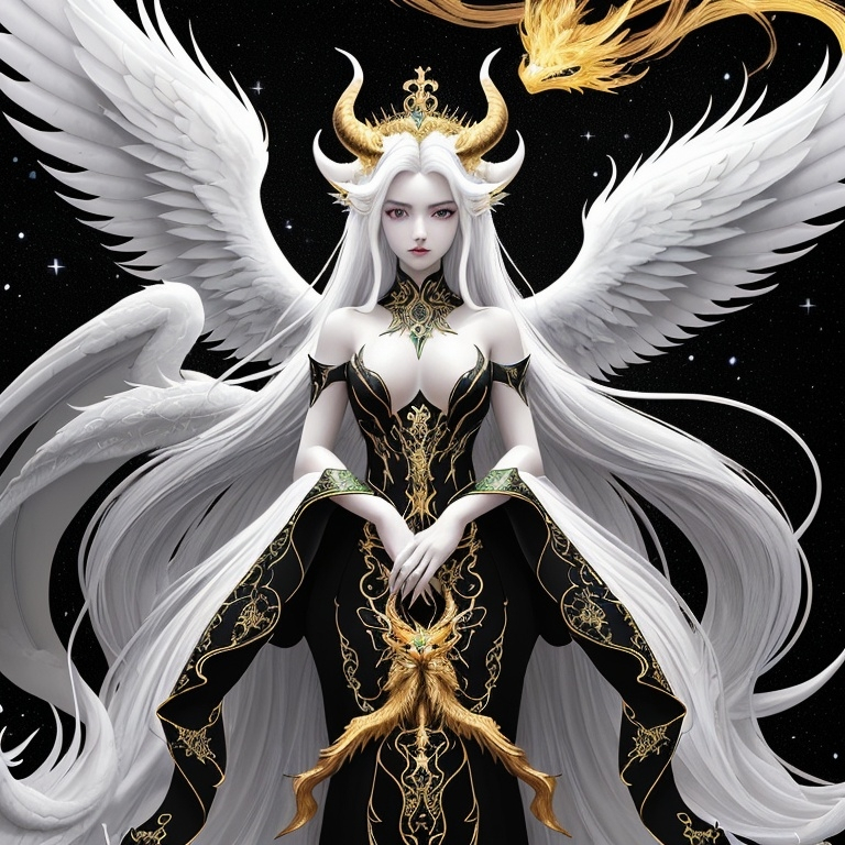 Prompt: A mystical being exuding elegance and power, featuring five crown-like horns atop its head. It showcases four pairs of wings - angelic, golden dragon, phoenix, and black and white demon wings. Its long emerald hair has ethereal white highlights and intricate galaxy patterns in black. The six fox-like tails, each in a different color, add a touch of enchantment to its appearance.