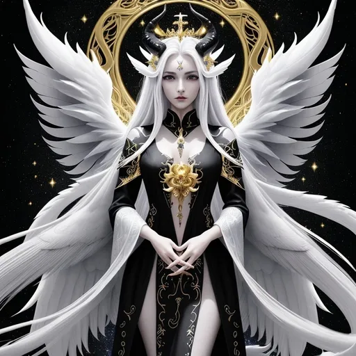Prompt: A naturiste mystical being exuding elegance and power, featuring five crown-like horns atop its head. It showcases four pairs of wings - angelic, golden dragon, phoenix, and black and white demon wings. Its long emerald hair has ethereal white highlights and intricate galaxy patterns in black. The six fox-like tails, each in a different color, add a touch of enchantment to its appearance.