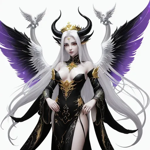 Prompt: A mystical being exuding elegance and power, featuring five crown-like horns atop its head. It showcases four pairs of wings - angelic, golden dragon, phoenix, and black and white demon wings. Its long emerald hair has ethereal white highlights and intricate galaxy patterns in black. The six fox-like tails, each in a different color, add a touch of enchantment to its appearance.