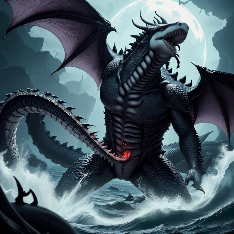 Prompt: i want the dragon win the battle to death where the kraken have half is body severed : featuring a dragon with the traits of a wolf's body, the tail of an orca, fins of an orca on the legs, the palm of a mancho, a mane made of the plumes of a deep red phoenix, and irises that look like the galaxy, against the gargantuan kraken with traits of a dragon and other deepwater creatures. and the end of the battle must be in the deepwater and i want the dragon to have real deep wound on his whole body the same goes for the kraken