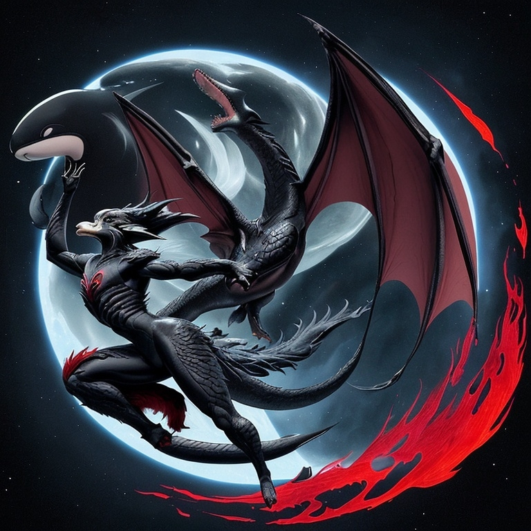 Prompt: i want a dragon with the traits of a wolf's body, the tail of an orca, fins of an orca on the legs, the palm of a mancho, a mane made of the plumes of a deep red phoenix, and irises that look like the galaxy