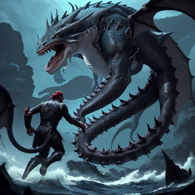 Prompt: i want the dragon win the battle to death where the kraken have half is body severed : featuring a dragon with the traits of a wolf's body, the tail of an orca, fins of an orca on the legs, the palm of a mancho, a mane made of the plumes of a deep red phoenix, and irises that look like the galaxy, against the gargantuan kraken with traits of a dragon and other deepwater creatures. and the end of the battle must be in the deepwater and i want the dragon to have real deep wound on his whole body the same goes for the kraken