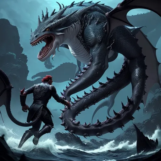 Prompt: i want the dragon win the battle to death where the kraken have half is body severed : featuring a dragon with the traits of a wolf's body, the tail of an orca, fins of an orca on the legs, the palm of a mancho, a mane made of the plumes of a deep red phoenix, and irises that look like the galaxy, against the gargantuan kraken with traits of a dragon and other deepwater creatures. and the end of the battle must be in the deepwater and i want the dragon to have real deep wound on his whole body the same goes for the kraken