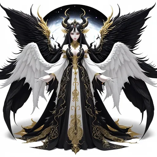 Prompt: A mystical being exuding elegance and power, featuring five crown-like horns atop its head. It showcases four pairs of wings - angelic, golden dragon, phoenix, and black and white demon wings. Its long emerald hair has ethereal white highlights and intricate galaxy patterns in black. The six fox-like tails, each in a different color, add a touch of enchantment to its appearance.