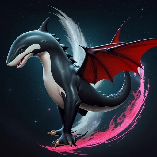 Prompt: i want a dragon with the traits of a wolf's body, the tail of an orca, fins of an orca on the legs, the palm of a mancho, a mane made of the plumes of a deep red phoenix, and eye that look like the galaxy