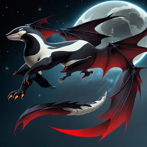 Prompt: i want a dragon with the traits of a wolf's body, the tail of an orca, fins of an orca on the legs, the palm of a mancho, a mane made of the plumes of a deep red phoenix, and eye that look like the galaxy