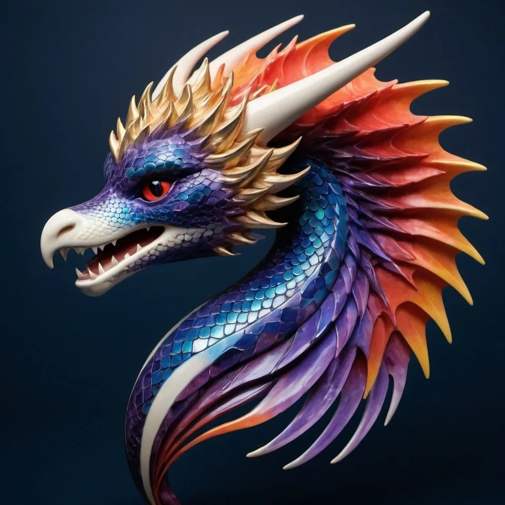 Prompt: a dragon like no other, a fusion of mythical and terrestrial magnificence.
Head:
Horns: Ten grand horns jut out from its head in an intricate pattern, each one different in length and curve, creating a crown-like appearance.
Ears: Fox-like ears sit alert and attentive, their sharpness contrasting the dragon's other features.
Melon: The dragon's forehead features the rounded, smooth melon of a whale, giving it a majestic and serene look.
Body:
Torso: The body is that of a kirin, slender yet muscular, covered in scales that shimmer with the colors of the galaxy. Hues of deep blue, purple, and sparkling starlight shift and swirl across its form, creating a mesmerizing effect. Pectoral Fins: Emerging just behind its forelimbs are the pectoral fins of an orca, aiding in its agility and grace. Phoenix Wings: A pair of fiery phoenix wings radiates with an ethereal glow, their feathers a dazzling array of reds, oranges, and golds. Eagle Wings: Complementing the phoenix wings are another pair of strong, broad eagle wings, their feathers a striking contrast of dark and light browns. Dorsal Fin: A sleek dorsal fin of a dolphin rises smoothly from its back, enhancing its hydrodynamic shape. Tail: The dragon's tail splits into flukes like those of an orca, powerful and commanding. The flukes are tipped with iridescent scales that reflect light like a thousand tiny mirrors.
Legs: Its legs are those of a wolf, strong and agile, covered in thick fur that blends seamlessly into its scaled body.