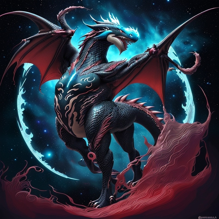 Prompt: The dragon possesses a wolf-like body, an orca's tail and fins on its legs, hands resembling a man's, a mane of deep red phoenix plumes, and eyes resembling the galaxy.