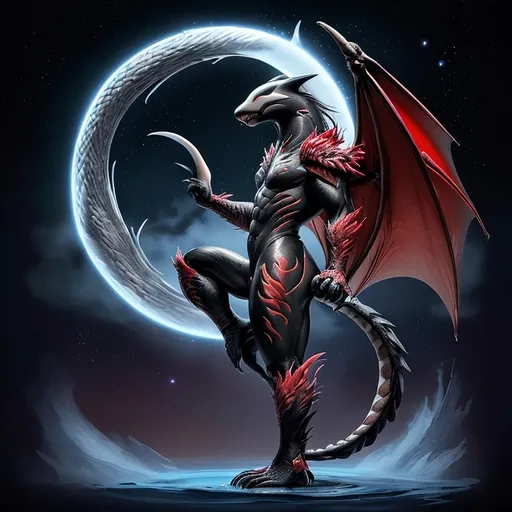 Prompt: i want a dragon with the traits of a wolf's body, the tail of an orca, fins of an orca on the legs, the palm of a mancho, a mane made of the plumes of a deep red phoenix, and irises that look like the galaxy