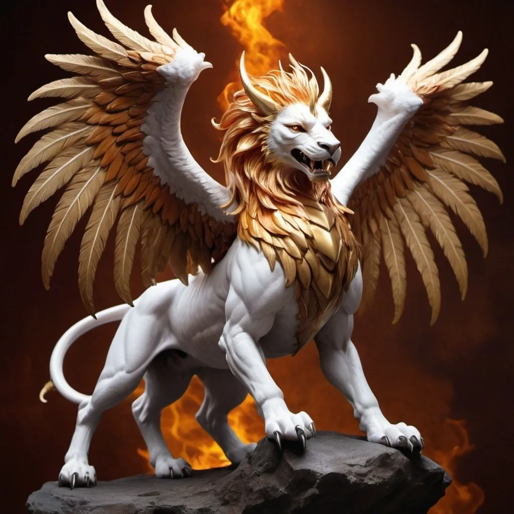 Prompt: The Chimera of Aeon
Appearance:

Head:

Dragon: The head of a dragon, with fierce, intelligent eyes that glow with a deep amber light, and powerful jaws lined with sharp teeth.
Unicorn Horn: A single, spiraled unicorn horn protrudes from its forehead, shimmering with a pearlescent glow.
Torso:

Griffin: The torso of a griffin, covered in golden, eagle-like feathers that transition into the sleek, tawny fur of a lion on its lower half.
Wings:

Pegasus: A pair of enormous, feathery wings like those of a Pegasus, pure white and radiant, allowing it to soar gracefully through the skies.
Bat: Beneath the Pegasus wings, it has a second, smaller pair of bat wings, leathery and dark, aiding in agile, silent flight.
Arms:

Manticore: The powerful, lion-like arms of a manticore, ending in razor-sharp claws capable of tearing through any material.
Tail:

Phoenix: The tail of a phoenix, made of brilliant, fiery feathers that burn with an eternal flame, leaving a trail of sparks and embers as it moves.
Legs:

Centaurean: The muscular, equine legs of a centaur, providing unmatched speed and endurance.
Additional Features:

Medusa's Hair: Strands of hair made up of living, writhing snakes that hiss and flick their tongues, each one alert and aware of its surroundings.