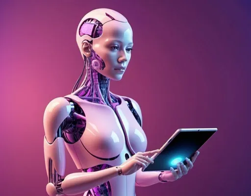 Prompt: futuristic medical AI using tablet in purplishpink background