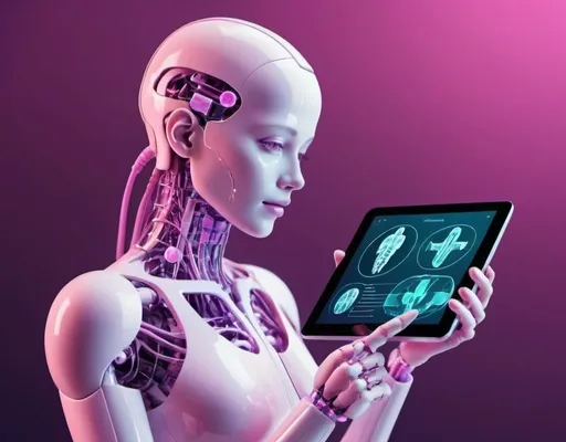Prompt: futuristic medical AI using tablet in purplishpink background