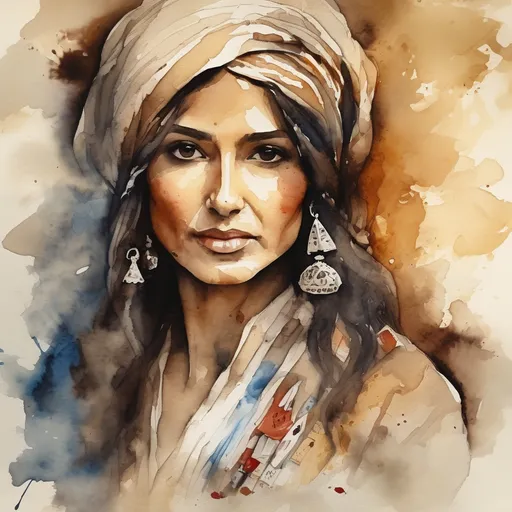 Prompt: water colour paint gipsy woman with cards Visible strokes,soft edges,muted colors.Warm lighting neutral backdrop