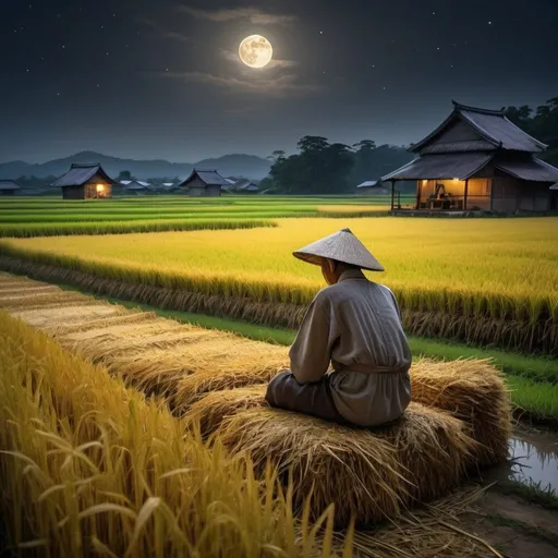 Prompt: Scene Description:
In the season of harvesting rice, the bright moon hangs high in the night sky, casting its luminous glow over the fields of golden rice. The rice has been harvested, forming heaps of golden straw scattered throughout the fields, emitting a faint fragrance. A gentle breeze rustles through the fields, carrying the scent of straw, gently swaying the straw heaps like playful spirits.

On this tranquil night, the sounds of children's laughter and cheers echo across the fields. They dart among the straw heaps, playing games like hide-and-seek and tag, their joyous shouts filling the air. Some children hold bundles of straw, mimicking the actions of harvesting under the moonlight, as if they were true farmers.

On a stone bench by the field path, an elderly man sits quietly, observing it all. His eyes gaze out across the rice fields, perhaps lost in memories of days gone by. The moonlight illuminates his weathered face, revealing the traces of time, yet his expression radiates contentment and peace.

Scene Expansion:
Starry Sky: In addition to the bright moon, stars also twinkle in the night sky, adding a touch of mystery to the scene.
Field Lanterns: In the distant village, lanterns illuminate the fields, indicating that people are still working hard for the harvest.
Verdant Distant Mountains: Distant mountains are lush green, silently guarding the fields and complementing the tranquility of the night.
Fireflies Flickering: Among the straw heaps, fireflies dance and flicker, emitting a soft glow, adding a sense of mystery and romance to the night.