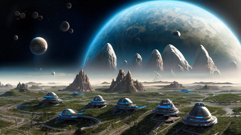 Prompt: Futuristic, physically correct human terraforming other planets, type 2 civilization, space exploration, high-tech terraforming equipment, diverse human settlement, space colonization, ultra-realistic, detailed, futuristic, sci-fi, advanced technology, diverse landscapes, space habitat, realistic humans, precision engineering, high-quality, detailed textures, advanced civilization, space travel, terraformed planets, immersive lighting, space infrastructure