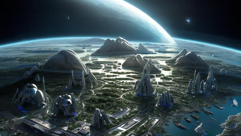 Prompt: Futuristic, physically correct human terraforming other planets, type 2 civilization, space exploration, high-tech terraforming equipment, diverse human settlement, space colonization, ultra-realistic, detailed, futuristic, sci-fi, advanced technology, diverse landscapes, space habitat, realistic humans, precision engineering, high-quality, detailed textures, advanced civilization, space travel, terraformed planets, immersive lighting, space infrastructure