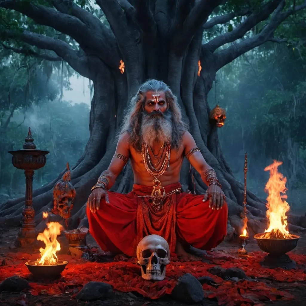 Prompt: A great wizard kerala style , a cruel and fear-inspiring sorcerer, sits under a banyan tree and chants.  In the middle of the night, the man's skull lay before him. Only red mund his dress, front view of his, fire in front of him, ,Puja Mandir and fire with night effect, realistic, Cinema style 