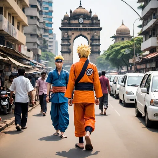 Prompt: 	Naruto should be depicted in his iconic orange jumpsuit with blue trousers.
	•	He should have spiky blond hair and blue eyes.
	•	Naruto’s headband, bearing the symbol of the Hidden Leaf Village, should be visible on his forehead.
	•	He should be in a dynamic pose, exuding energy and determination.
	The background should showcase the vibrant and diverse city of Mumbai.
	•	Include landmarks such as the Gateway of India, Taj Mahal Palace Hotel, or Marine Drive to indicate the Mumbai skyline.
	•	The streets should be crowded with people, vehicles, and street vendors, capturing the lively atmosphere of the city.
	•	Incorporate elements of Mumbai’s culture, such as colorful street decorations, food stalls, or traditional clothing worn by the locals.
•	Naruto can be seen interacting with the locals or engaging in some ninja action amidst the urban chaos.
	•	Feel free to add other characters from the Naruto series or original characters that fit the Mumbai setting.
	•	The overall mood should blend the adventurous spirit of Naruto with the vibrant energy of Mumbai’s streets.