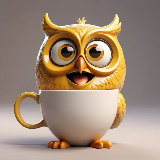 Prompt: Disney pixar character, 3d render style, yellow owl smiling blended in a coffee cup with handle with subtle steams, cinematic colors