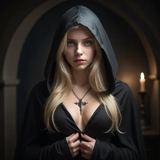 Prompt: Sweet young little blonde girl, beautiful girl, delicate large chest, a beautiful hourglass skinny body, 
She has a cloak on and a hood, she is an assassin, lurking in the shadows