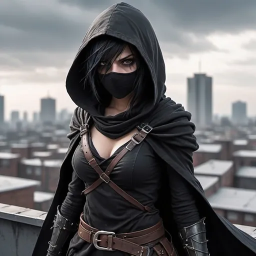 Prompt: A young emo female assassin, her face is covered by a hood, and a scar on her left eye, her assassin robes cover her body, she wears a belt, she is standing on a rooftop at knight her ripped cloak flys in the wind, she is ready to strike
