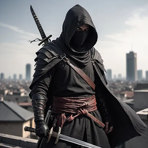 Prompt: A young male assassin, he face is covered by a hood, he has light stubble, and a scar on his left eye, he is well build, his assassin robes cover his body, he wears a belt, with knives on them, ready to attack, he hold a katana blade, he is standing on a rooftop at knight his ripped cloak fly in the wind, he is ready to strike, he leaps from the roof