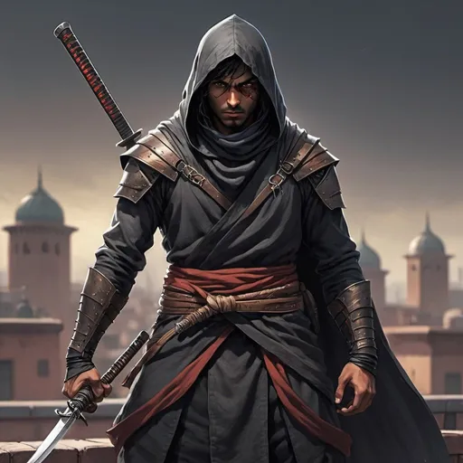 Prompt: A young male assassin, he is of indian decent, he face is covered by a hood, he has light stubble, and a scar on his left eye, he is well build, his assassin robes cover his body, he wears a belt, with knives on them, ready to attack, he hold a katana blade, he is standing on a rooftop at knight his ripped cloak fly in the wind, he is ready to strike 