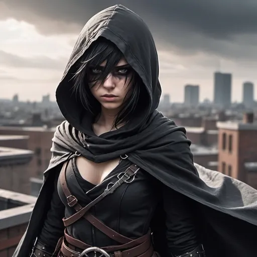 Prompt: A young emo female assassin, her face is covered by a hood, and a scar on her left eye, her assassin robes cover her body, she wears a belt, she is standing on a rooftop at knight her ripped cloak flys in the wind, she is ready to strike