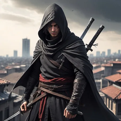 Prompt: A young male assassin, he face is covered by a hood, he has light stubble, and a scar on his left eye, he is well build, his assassin robes cover his body, he wears a belt, with knives on them, ready to attack, he hold a katana blade, he is standing on a rooftop at knight his ripped cloak fly in the wind, he is ready to strike, he leaps from the roof