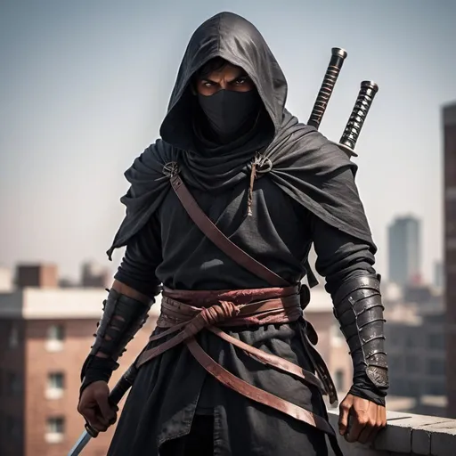 Prompt: A young male assassin, he is of indian decent, he face is covered by a hood, he has light stubble, and a scar on his left eye, he is well build, his assassin robes cover his body, he wears a belt, with knives on them, ready to attack, he hold a katana blade, he is standing on a rooftop at knight his ripped cloak fly in the wind, he is ready to strike 