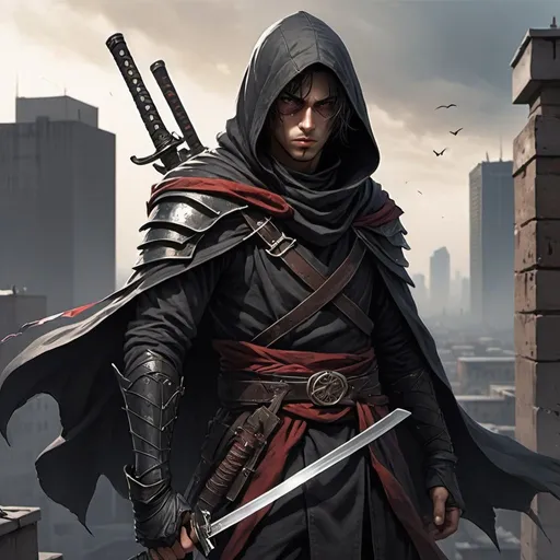 Prompt: A young male assassin, he face is covered by a hood, he has light stubble, and a scar on his left eye, he is well build, his assassin robes cover his body, he wears a belt, with knives on them, ready to attack, he hold a katana blade, he is standing on a rooftop at knight his ripped cloak fly in the wind, he is ready to strike