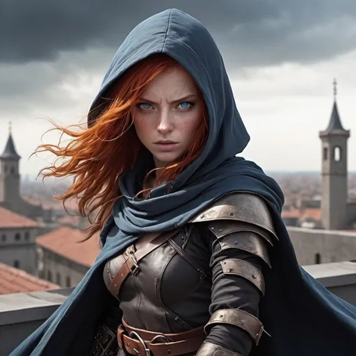 Prompt: A young red haired, blue eyed female assassin, her face is covered by a hood, and a scar on hir left eye, her assassin robes cover her body, she wears a belt, she is standing on a rooftop at knight her ripped cloak flys in the wind, she is ready to strike