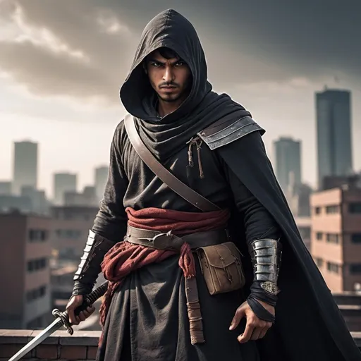 Prompt: A young male assassin, he is of indian decent, he face is covered by a hood, he has light stubble, and a scar on his left eye, he is well build, his assassin robes cover his body, he wears a belt, with knives on them, ready to attack, he hold a katana blade, he is standing on a rooftop at knight his ripped cloak fly in the wind, he is ready to strike 