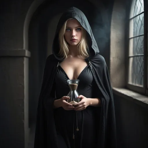 Prompt: Sweet young little blonde girl, beautiful girl, delicate large chest, a beautiful hourglass skinny body, 
She has a cloak on and a hood, she is an assassin, lurking in the shadows