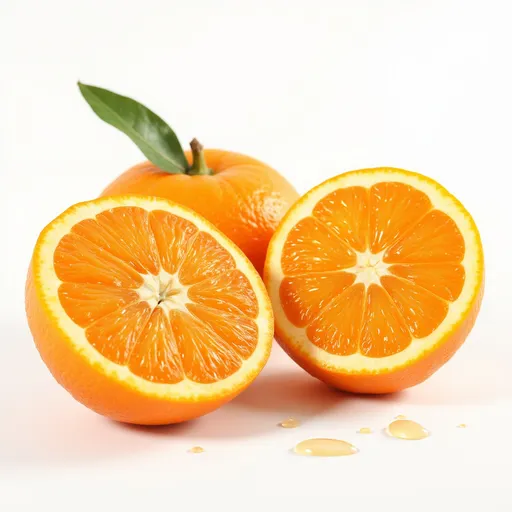 Prompt: Photorealistic image of vivid oranges cut in half on a pure white background, showcasing intricate fruit textures and glistening moisture droplets. Accentuate the contrast between a bright, spicy orange and a minimalist white environment, creating a fresh and inviting atmosphere. Captivating lighting adds to the overall appeal by providing a highly detailed presentation, perfect for a bright, cheerful aesthetic. 4K resolution, ultra-detail.