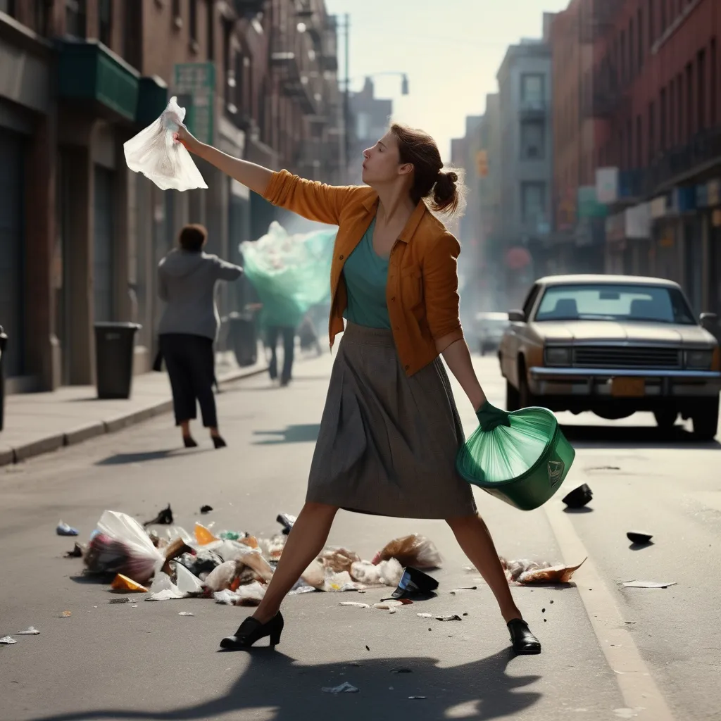 Prompt: (coherent scene) A woman throwing trash onto the street, (serious expression), interacting with a subtle indicator of prohibition, (vivid colors), street backdrop showing urban details, (warm, engaging ambiance) illustrating social responsibility, (highly detailed) 4K quality image capturing the vital message perfectly integrated into the environment, (shadows emphasizing the gravity of action).