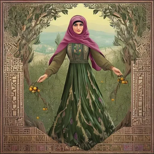 Prompt: "Craft a truly enchanting illustration that encapsulates the deep-rooted Palestinian tradition of olive harvesting. The focal point of the composition is a majestic Palestinian olive tree, laden with olives in varying shades of green and dark purple, signifying the different stages of ripening. Underneath the generous branches of the tree, a Palestinian woman, adorned in a resplendent tatreez dress, stands amidst the greenery. The tatreez dress should be a radiant tapestry of colors, intricately embroidered with patterns that narrate stories of Palestinian culture and history. The woman is harvesting olives with a beaming smile, her eyes reflecting the pride and love she holds for her land.

Surrounding this heartwarming scene, let the landscape come alive with abundant olive groves, symbolizing the enduring connection between the Palestinian people and their ancestral olive trees. The background showcases rolling hills adorned with vibrant wildflowers, and the sky is painted with a golden glow from the setting sun. Birds circle overhead, adding a touch of serenity to the moment.

This illustration should be a jubilant tribute to the resilience, unity, and heritage of the Palestinian people, honoring the annual olive harvest as a source of joy and cultural richness that has thrived for generations."