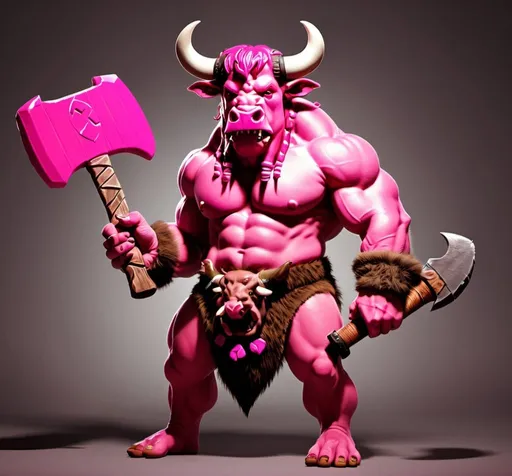 Prompt: pink minotaur barbarian named cupcake. greataxe as a weapon. add cupcake theme to the pic