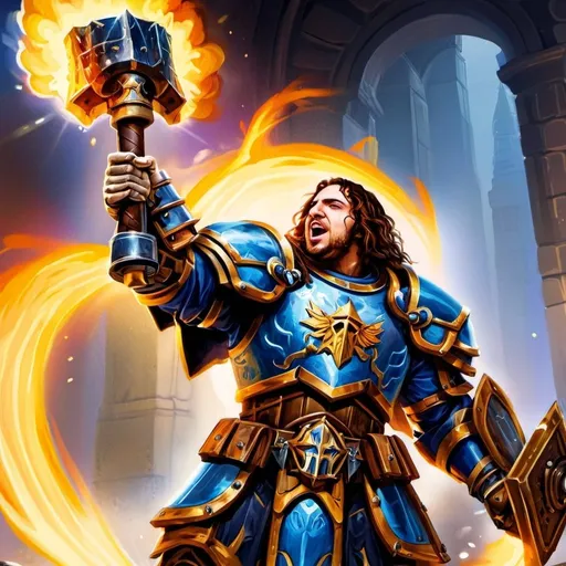 Prompt: Oath of the Ancients Paladin in heavy armor, two-handed warhammer, intricate plate armor details, epic fantasy illustration, vibrant and heroic color palette, radiant lighting, high quality, detailed armor, majestic, heroic, fantasy, detailed weapon, hammer, vibrant colors, radiant lighting