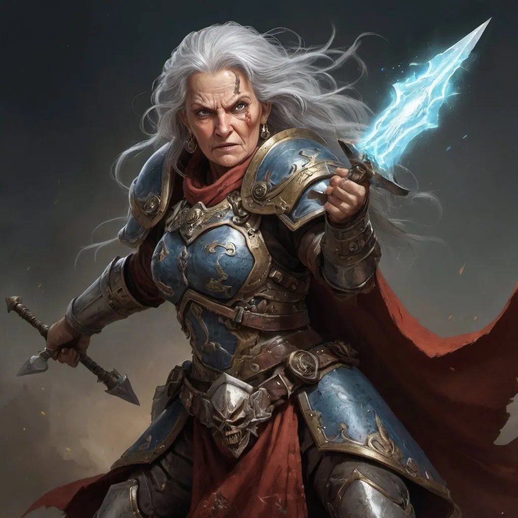 Prompt: Mercenary grandmother tempest cleric wielding a warhammer, fantasy illustration, detailed facial features with graying hair and weathered skin, strong and fierce expression, dynamic action pose, magical energy crackling around the warhammer, high impact, fantasy, detailed armor, weathered and battle-worn, powerful stance, dramatic lighting, high quality, fantasy, tempest cleric, energetic, powerful, dynamic, weathered, detailed facial features, strong expression, warhammer, magical energy, action pose, dramatic lighting, detailed armor