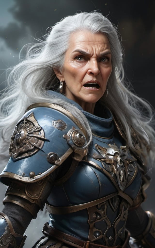 Mercenary grandmother tempest cleric wielding a warh...