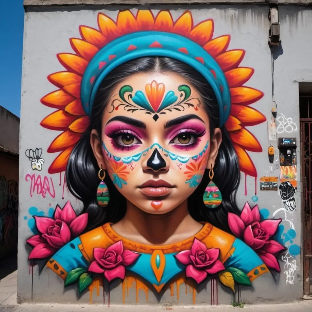 Prompt: "Mostrar elementos distintivos del graffiti mexicano, como la rica combinaci�n de colores, la influencia de la cultura ind�gena y la narrativa social en murales callejeros."